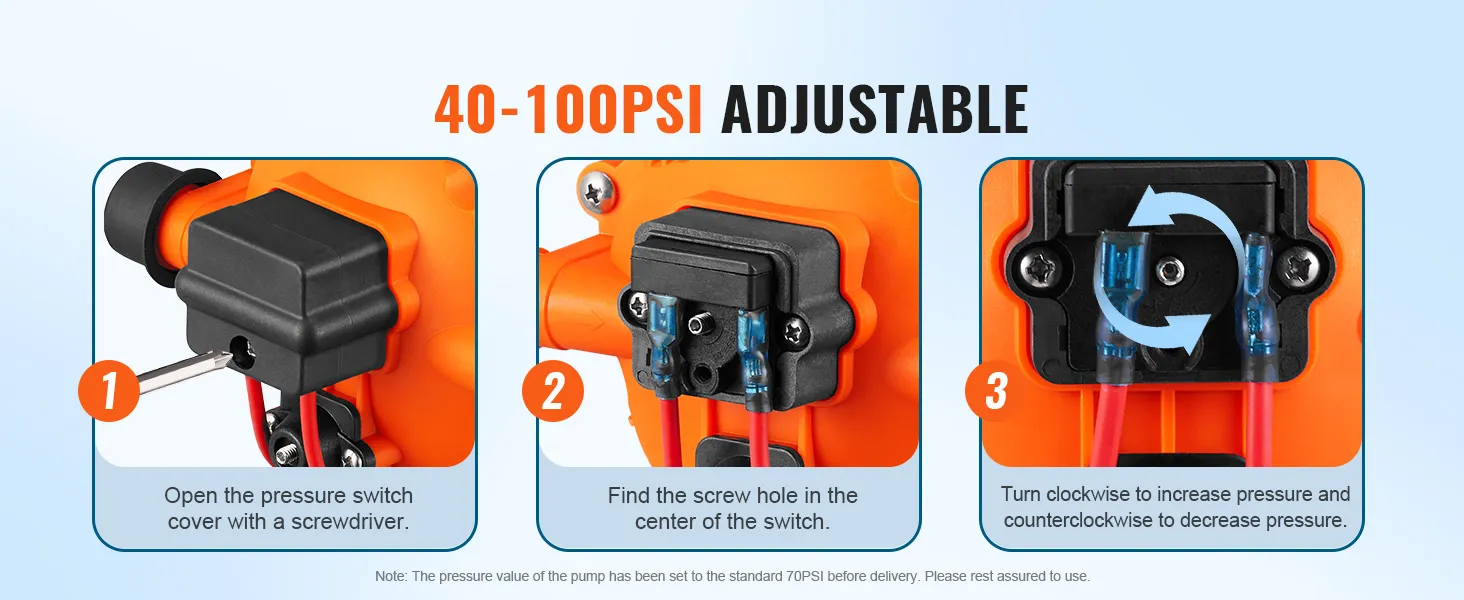 adjust VEVOR 12v water pressure diaphragm pump from 40-100 psi by turning the screw on the switch.