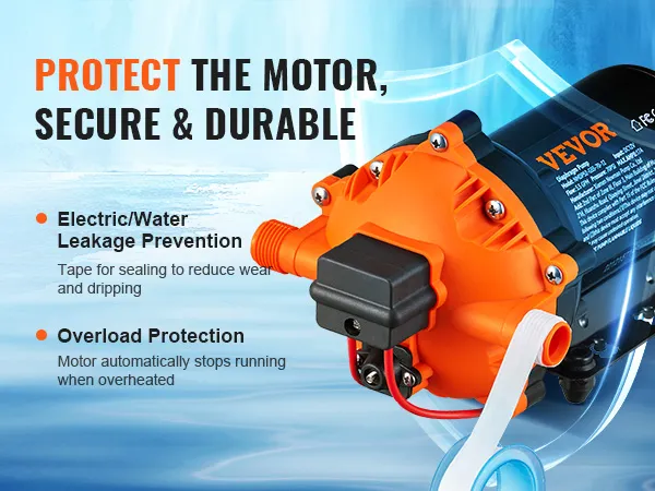 VEVOR 12v water pressure diaphragm pump with electric/water leakage prevention and overload protection.