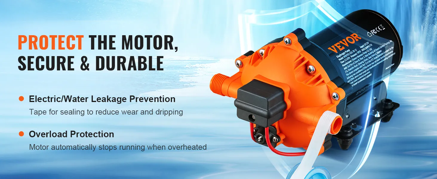 VEVOR 12v water pressure diaphragm pump with electric/water leakage prevention and overload protection.