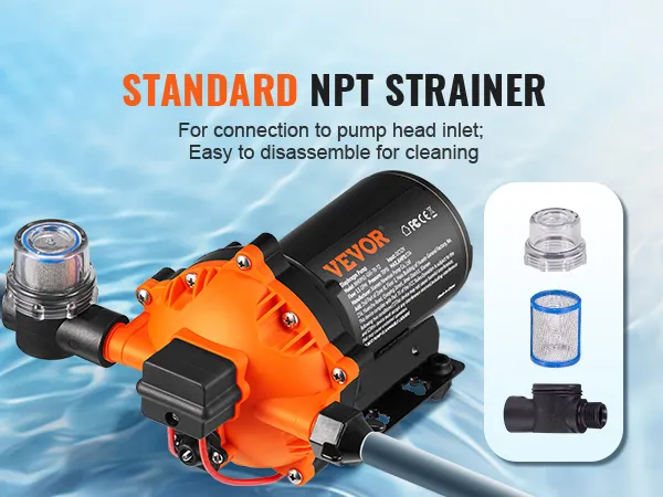 VEVOR 12v water pressure diaphragm pump with standard npt strainer, easy to disassemble for cleaning.