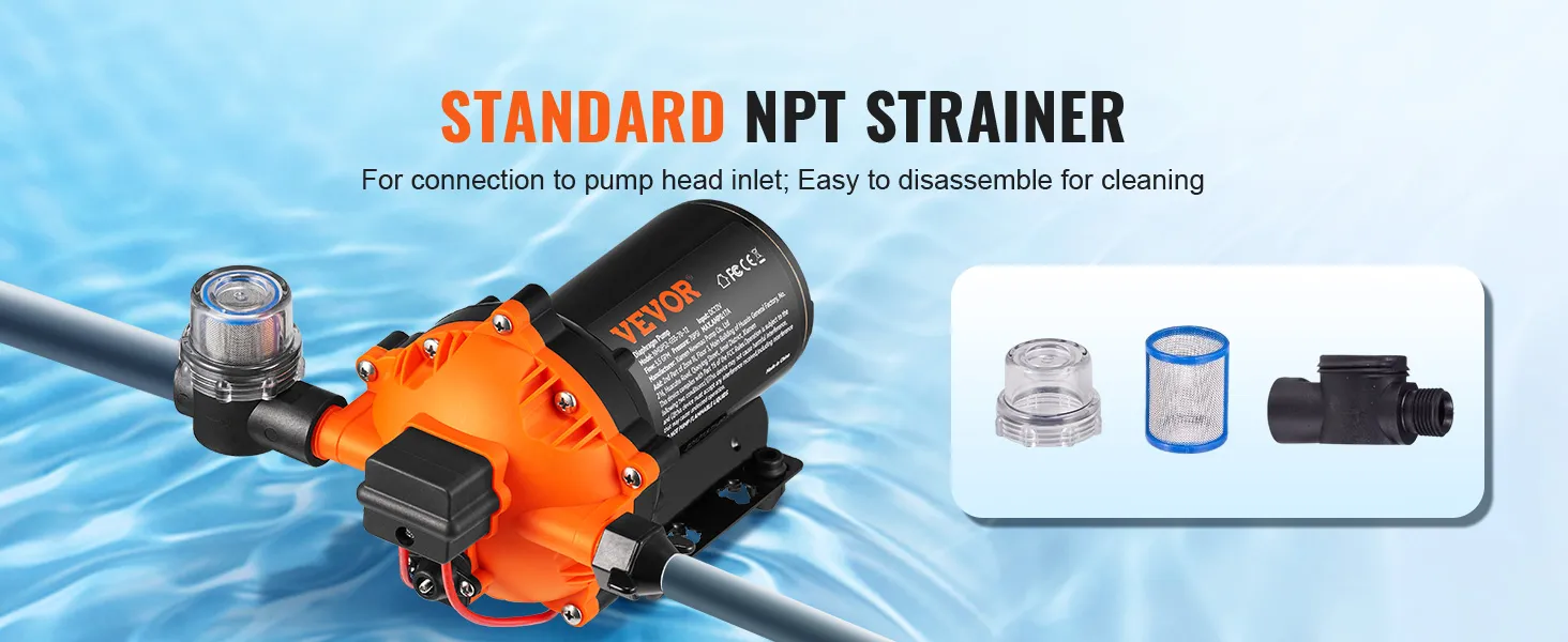 VEVOR 12v water pressure diaphragm pump with standard npt strainer, easy to disassemble for cleaning.