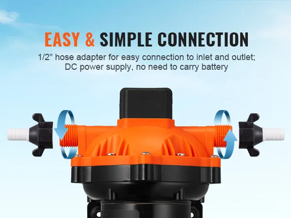 easy connection with 1/2" hose adapter for VEVOR 12v water pressure diaphragm pump; no battery needed.