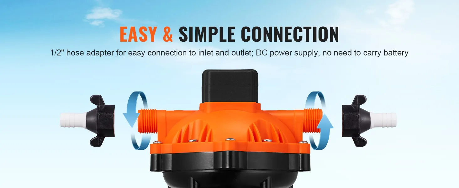 easy connection with 1/2" hose adapter for VEVOR 12v water pressure diaphragm pump; no battery needed.