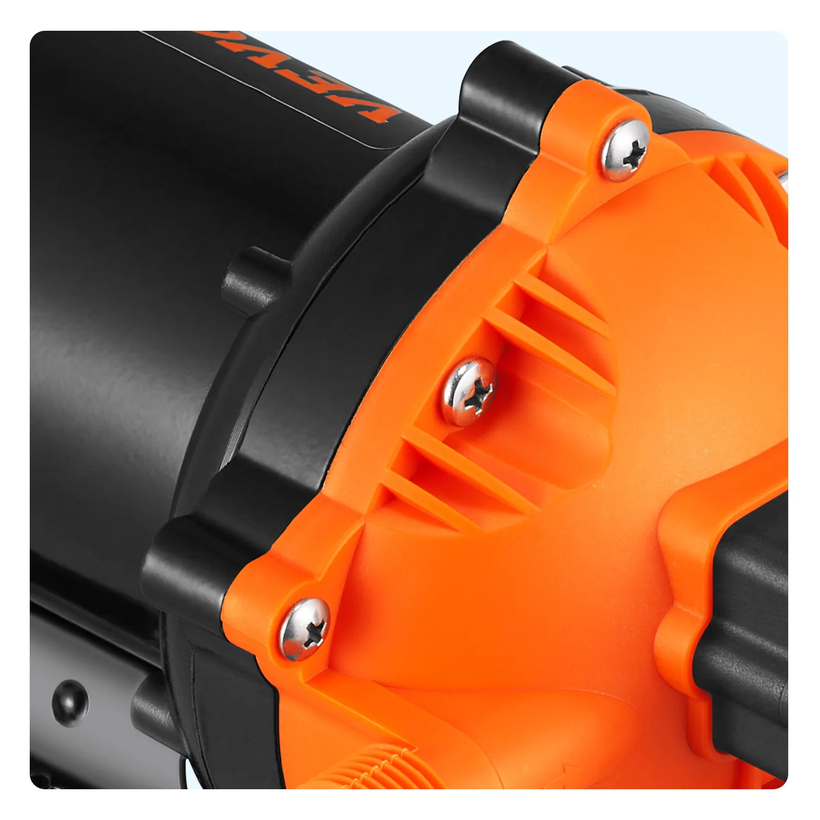 black and orange VEVOR 12v water pressure diaphragm pump close-up, showcasing sturdy construction and screws.