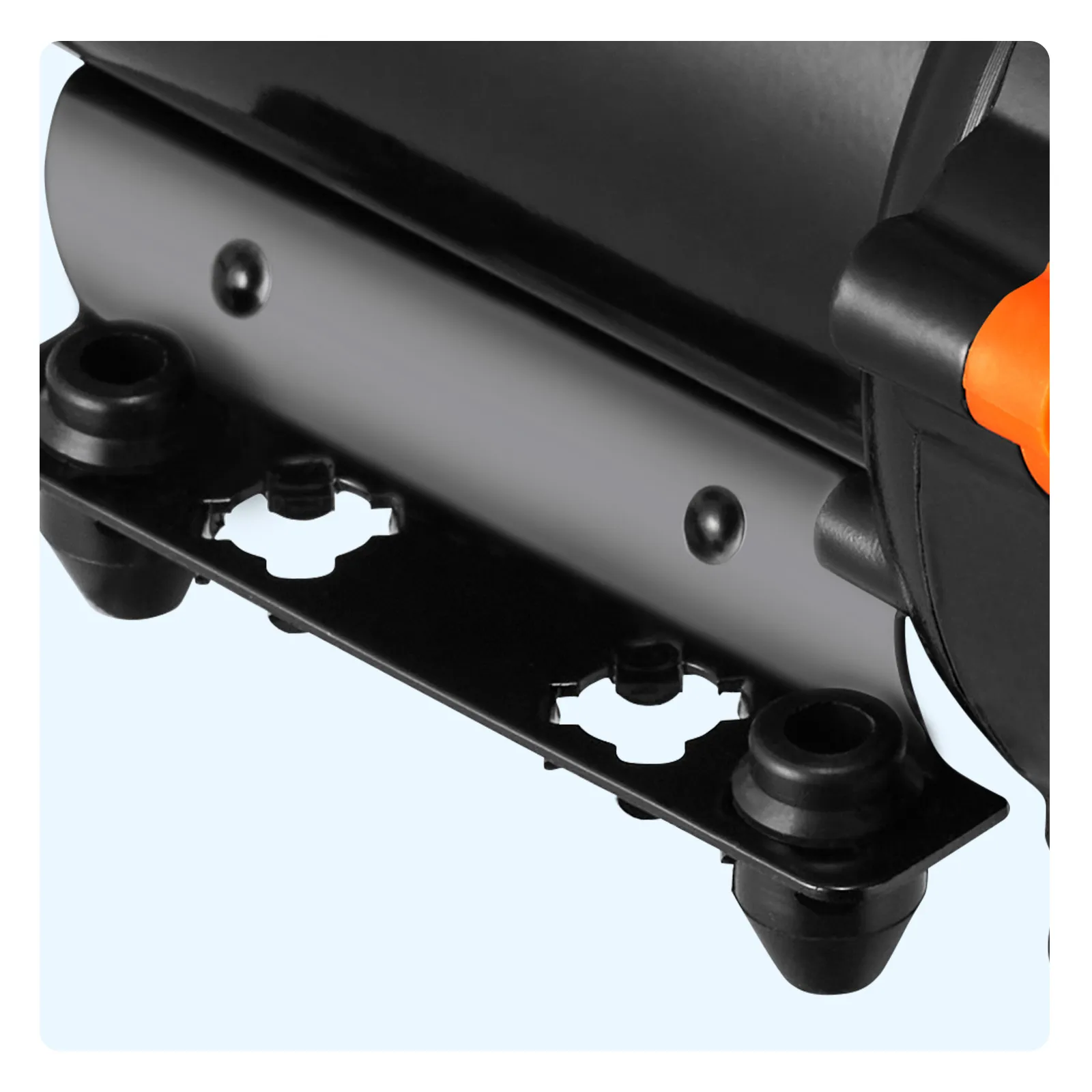 close-up of a VEVOR 12v water pressure diaphragm pump's mounting bracket and fittings.