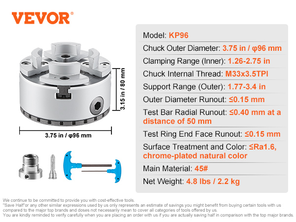 VEVOR lathe chuck model kp96, 3.75 in diameter, 4.8 lbs weight, chrome-plated, m33x3.5tpi thread.