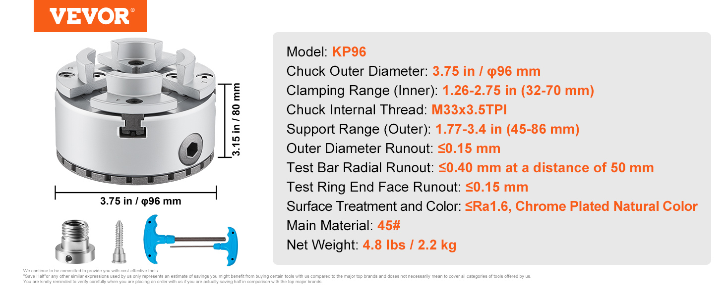 VEVOR lathe chuck model kp96, 3.75 in diameter, 4.8 lbs weight, chrome-plated, m33x3.5tpi thread.