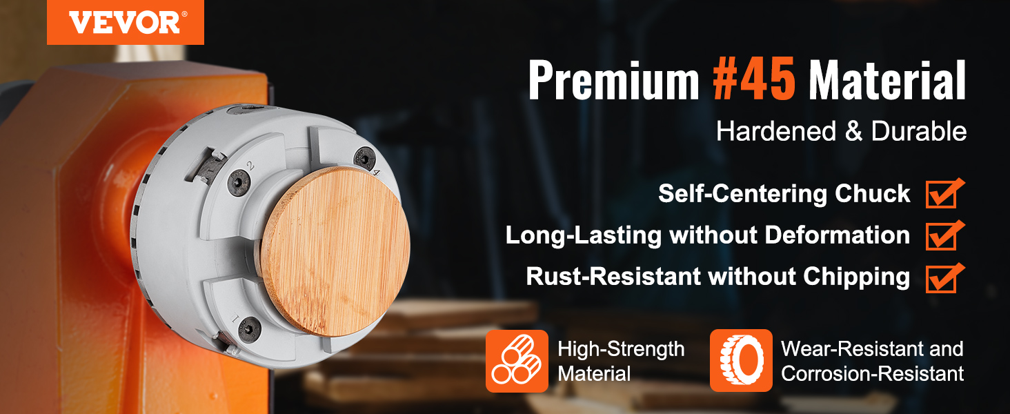 VEVOR lathe chuck with premium #45 material, self-centering, rust-resistant, and long-lasting features.