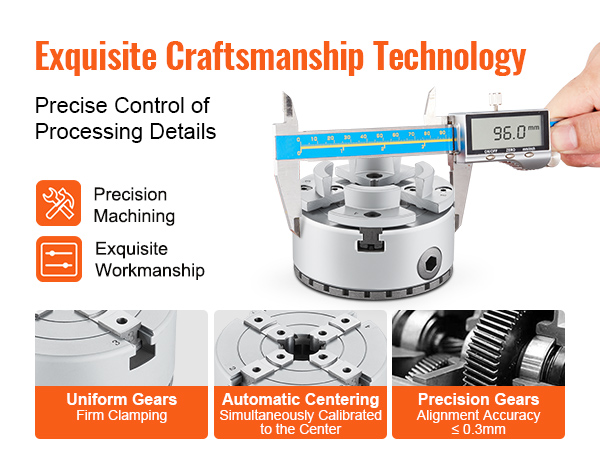 exquisite craftsmanship technology in VEVOR lathe chuck detailing precision machining and uniform gears.