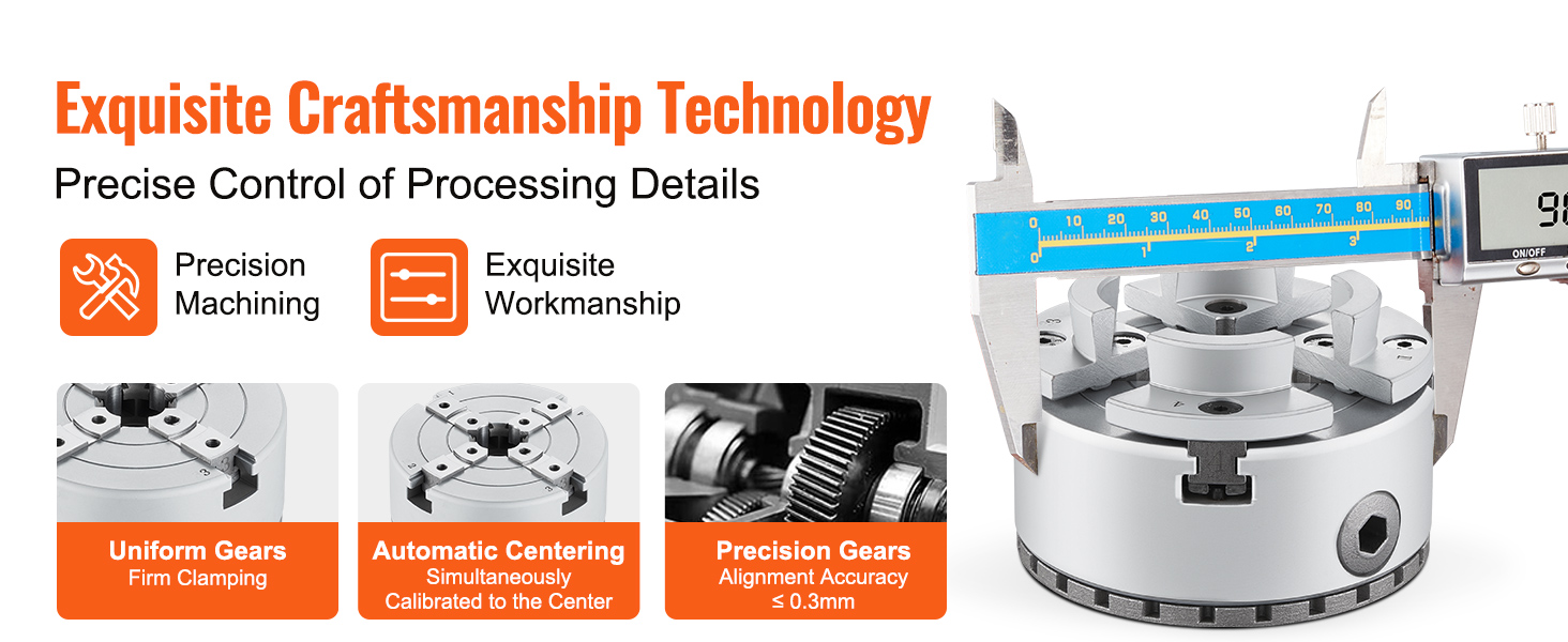 exquisite craftsmanship technology in VEVOR lathe chuck detailing precision machining and uniform gears.