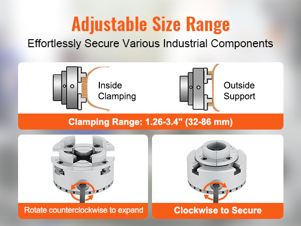 adjustable VEVOR lathe chuck for secure industrial clamping, range 1.26-3.4 inches (32-86 mm).