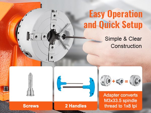 VEVOR lathe chuck installation guide with screws, handles, and spindle thread adapter. easy setup.