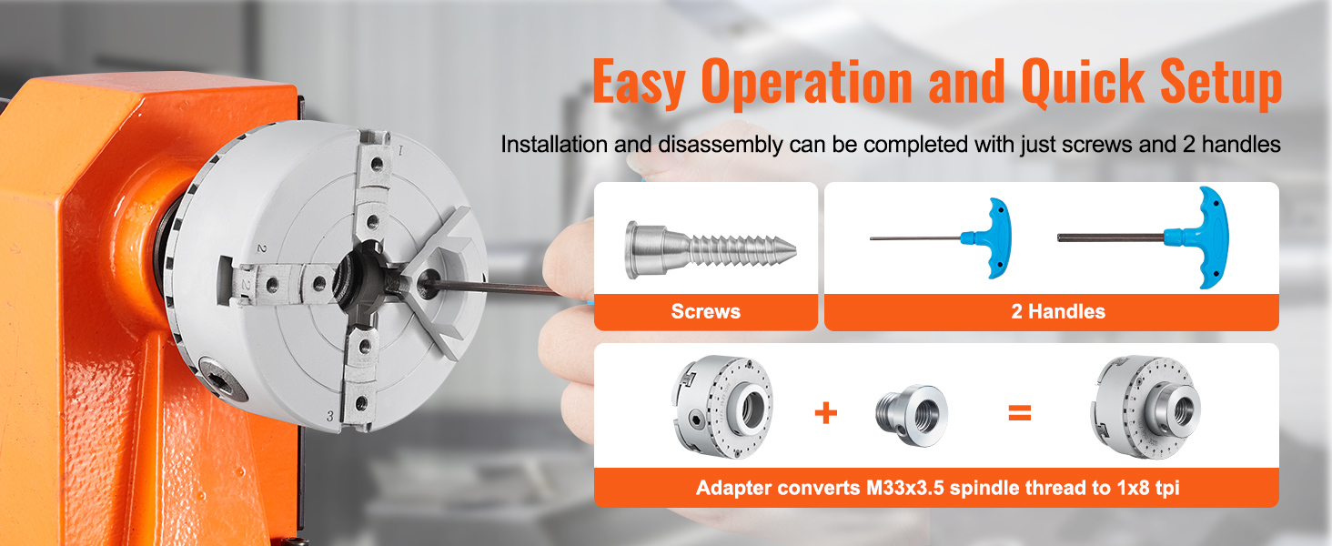 VEVOR lathe chuck installation guide with screws, handles, and spindle thread adapter. easy setup.