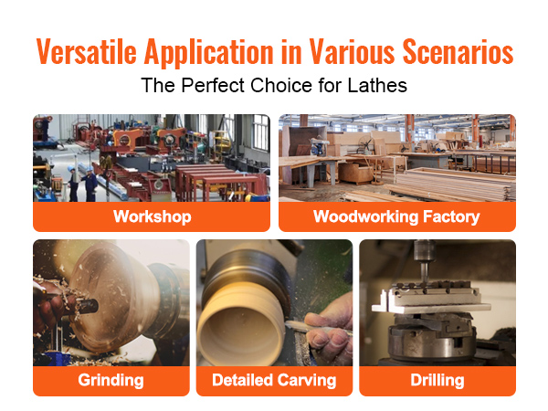 versatile applications of VEVOR lathe chuck in workshop, woodworking, grinding, carving, and drilling.