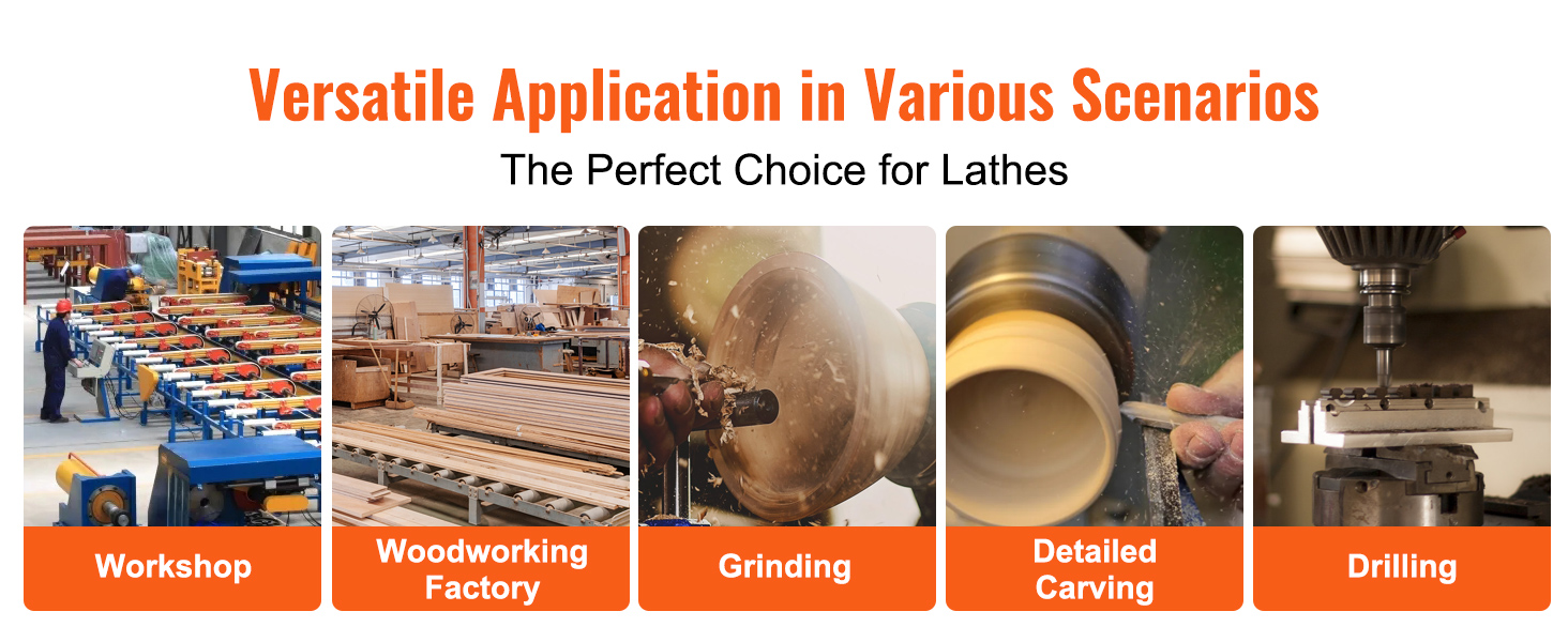 versatile applications of VEVOR lathe chuck in workshop, woodworking, grinding, carving, and drilling.