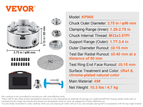 VEVOR lathe chuck kp965 with 3.75 in diameter and 1.26-2.75 in clamping range, 45# material, 10.3 lbs.