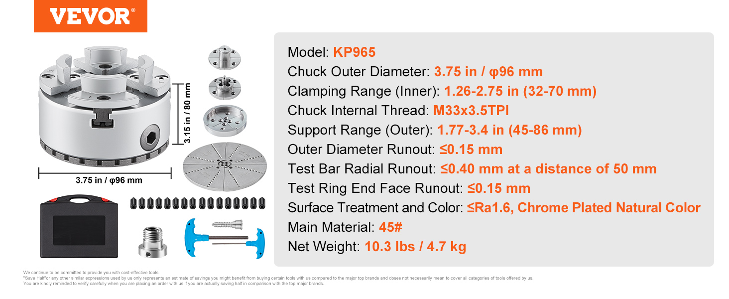 VEVOR lathe chuck kp965 with 3.75 in diameter and 1.26-2.75 in clamping range, 45# material, 10.3 lbs.