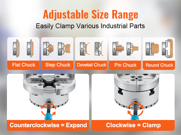 adjustable size VEVOR lathe chuck clamping industrial parts, clockwise clamp, counterclockwise expand.