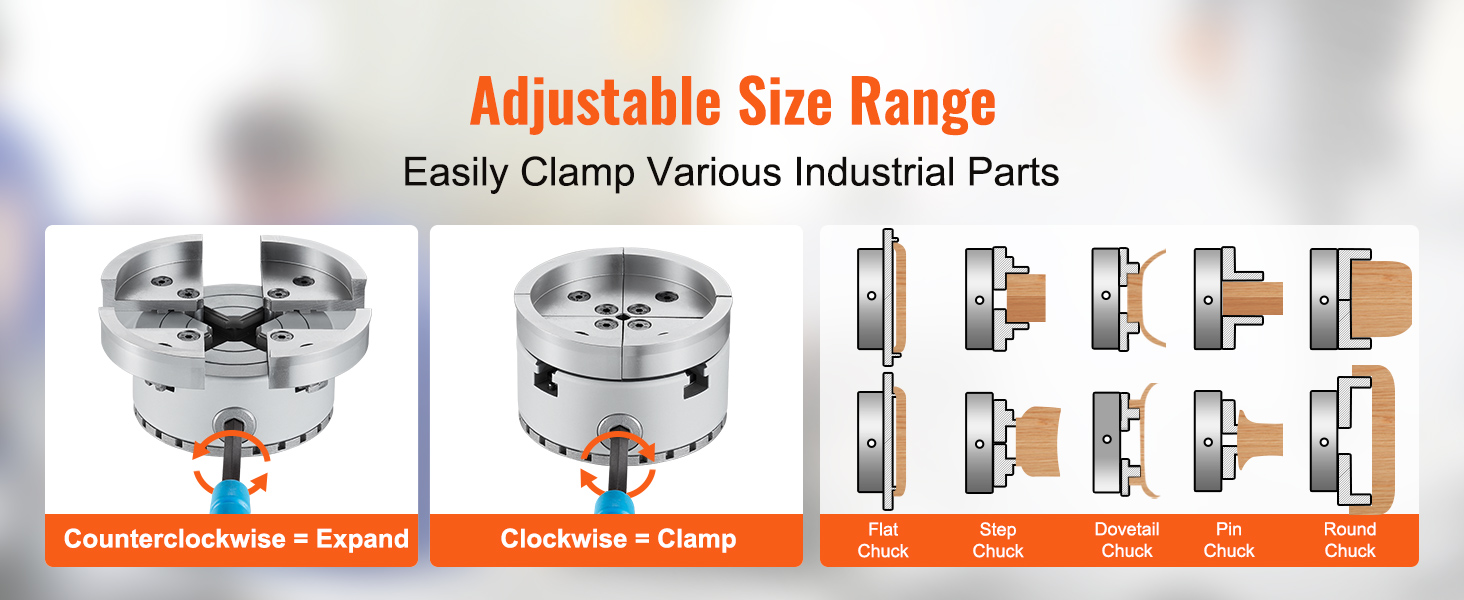 adjustable size VEVOR lathe chuck clamping industrial parts, clockwise clamp, counterclockwise expand.