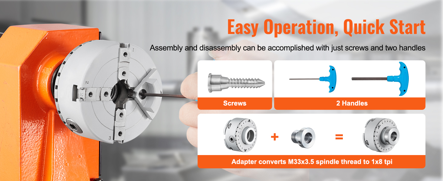 VEVOR lathe chuck assembly with screws, two handles, and an adapter for m33x3.5 to 1x8 tpi spindle thread.