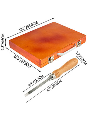 VEVOR woodworking lathe chisel set with wooden box and chisel dimensions.