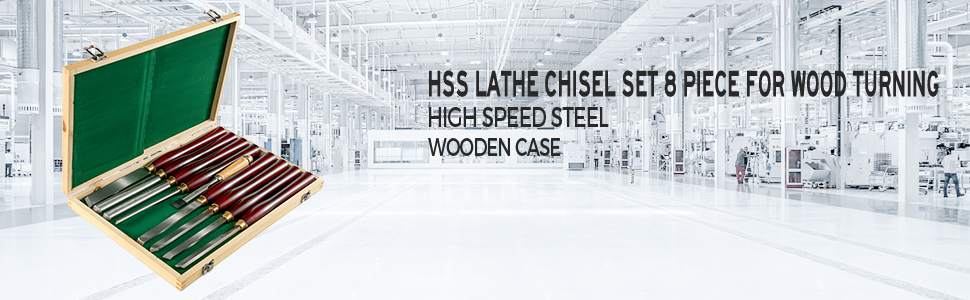 VEVOR woodworking lathe chisel set 8-piece in wooden case for wood turning.
