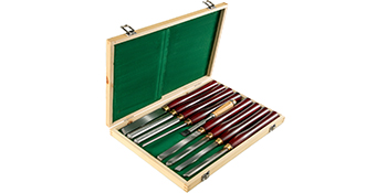 VEVOR woodworking lathe chisel set in a wooden case with green interior.