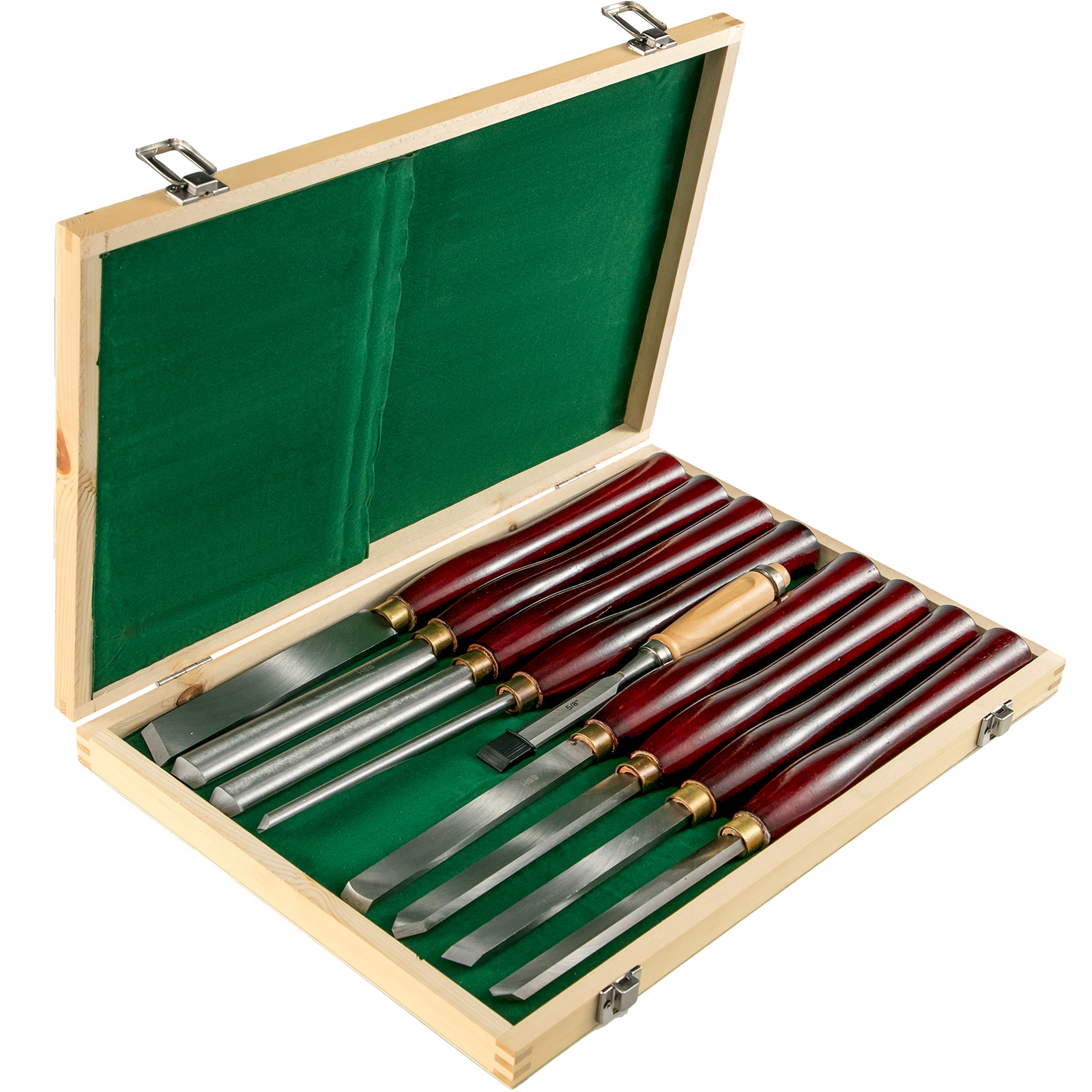 VEVOR woodworking lathe chisel set with wood handles in a green-lined wooden box.