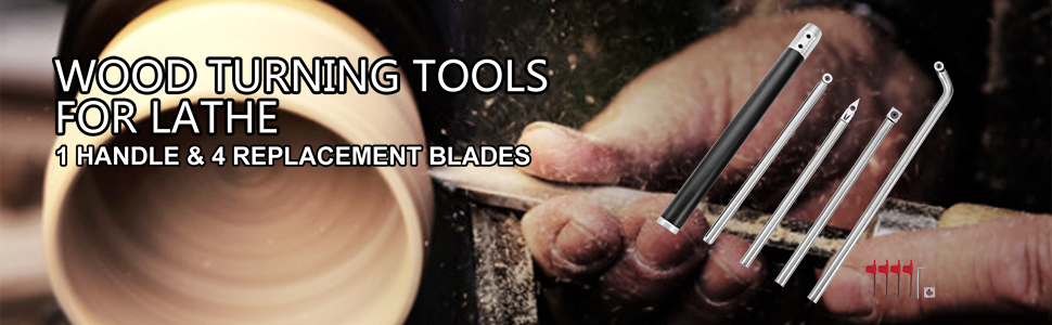 VEVOR wood turning tools for lathe with 1 handle and 4 replacement blades.