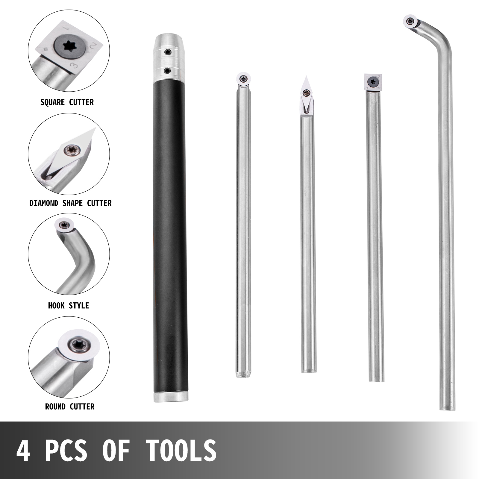 VEVOR wood turning tools set with square cutter, diamond shape cutter, hook style, round cutter.