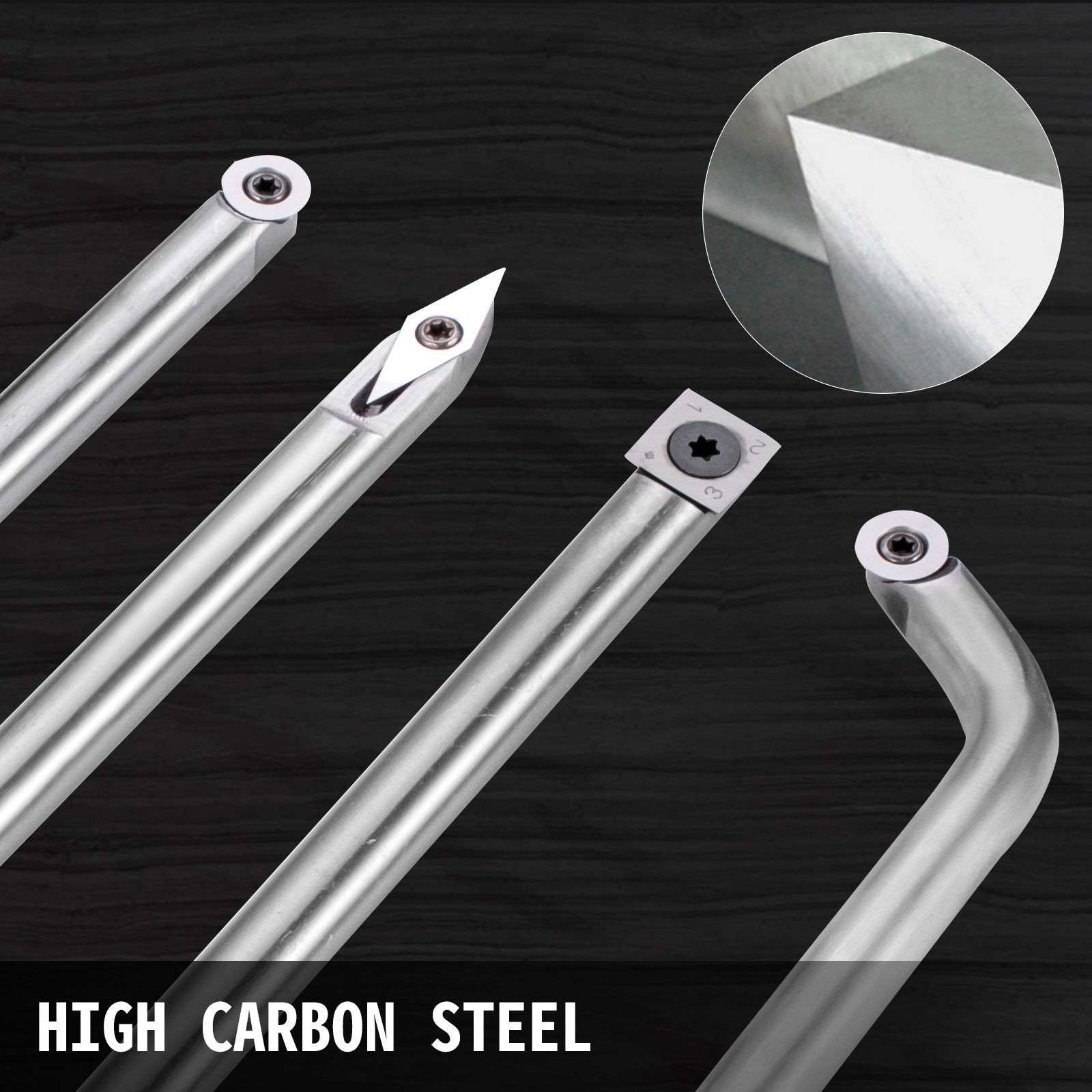 VEVOR wood turning tools made of high carbon steel against a dark wood background.