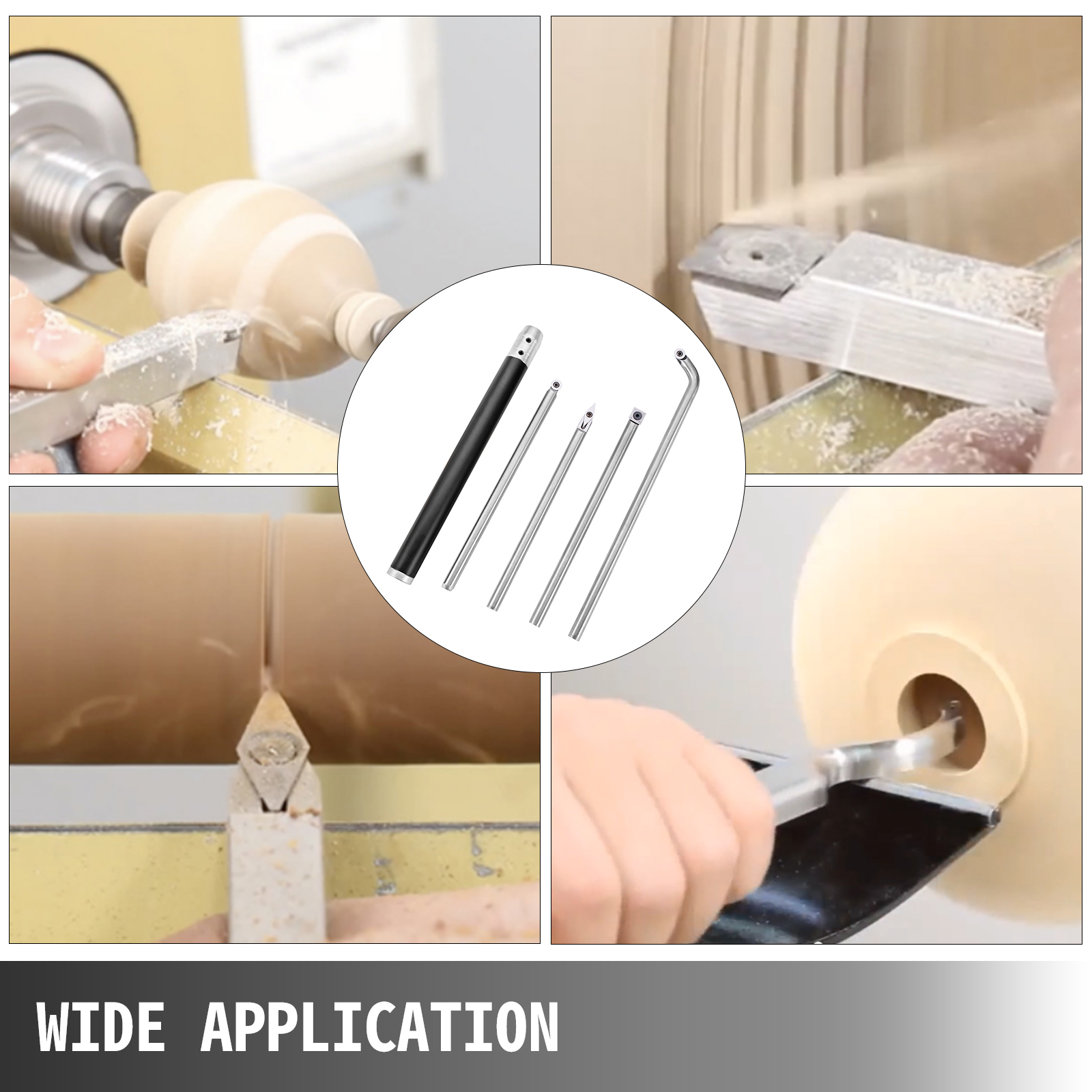 VEVOR wood turning tools in action, showcasing wide application on various wood pieces.