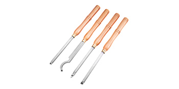 set of four VEVOR wood turning tools with wooden handles displayed.