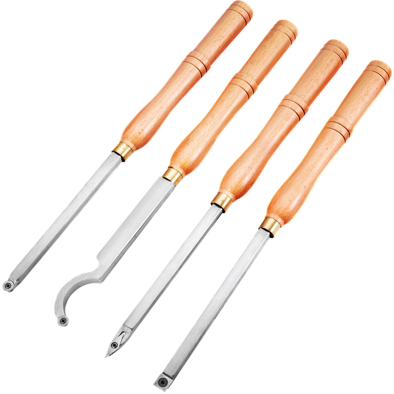 VEVOR wood turning tools with wooden handles and metal blades, set of four.