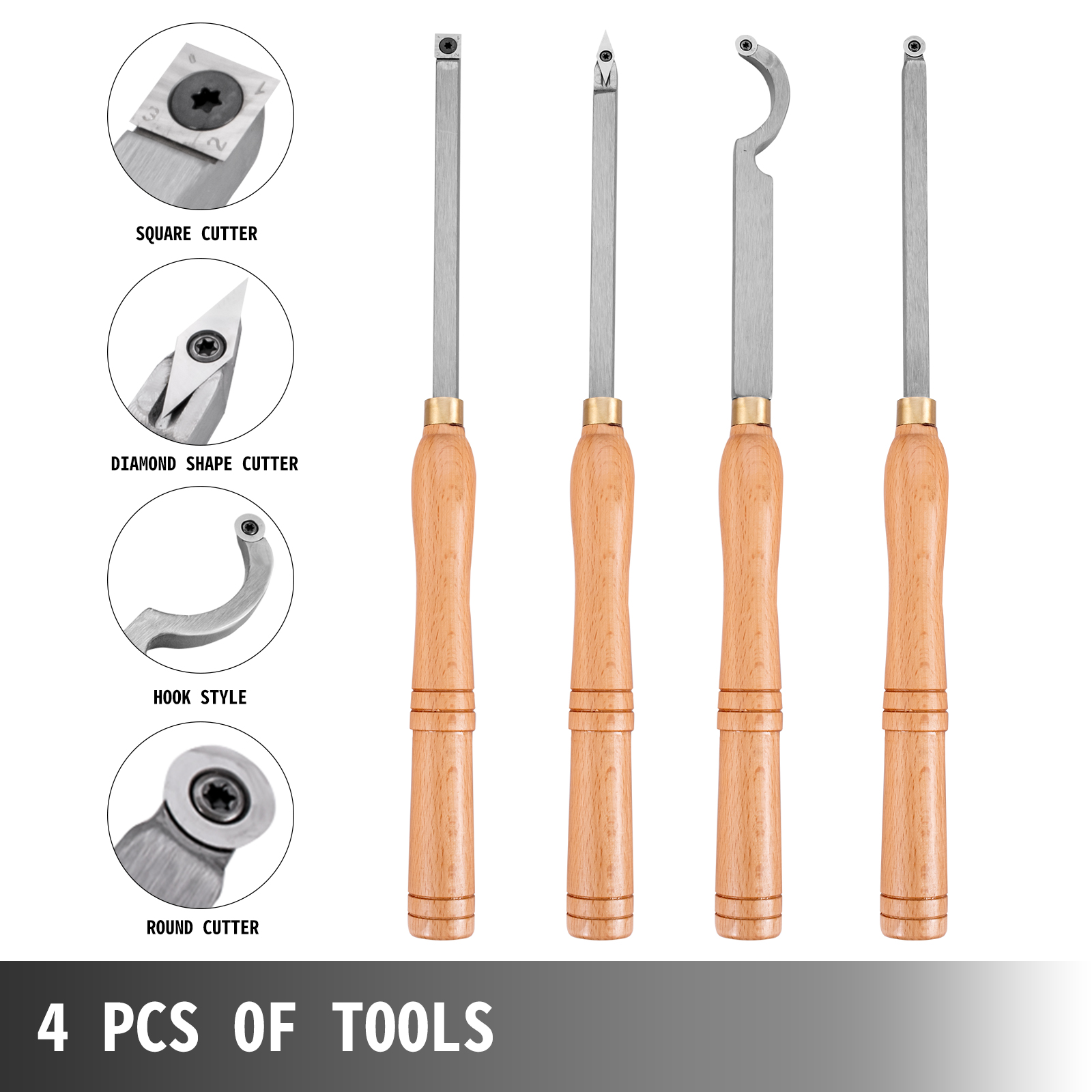 VEVOR wood turning tools, 4 pcs with square, diamond, hook, and round cutters.
