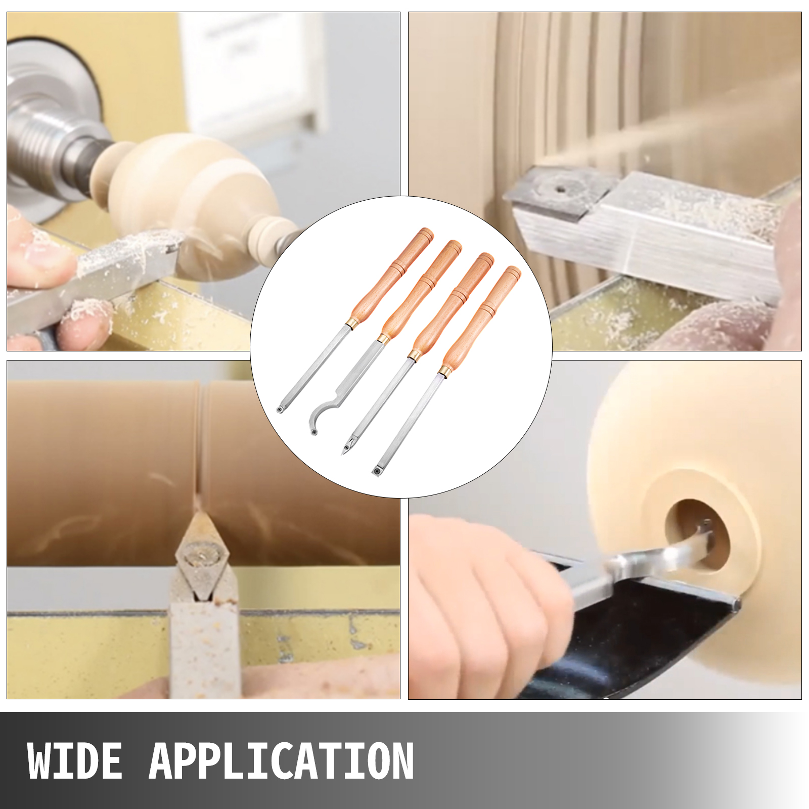 VEVOR wood turning tools in action on a lathe, demonstrating wide application.