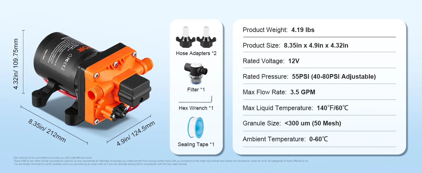 VEVOR water diaphragm pump with accessories and technical specifications including size and rating details.