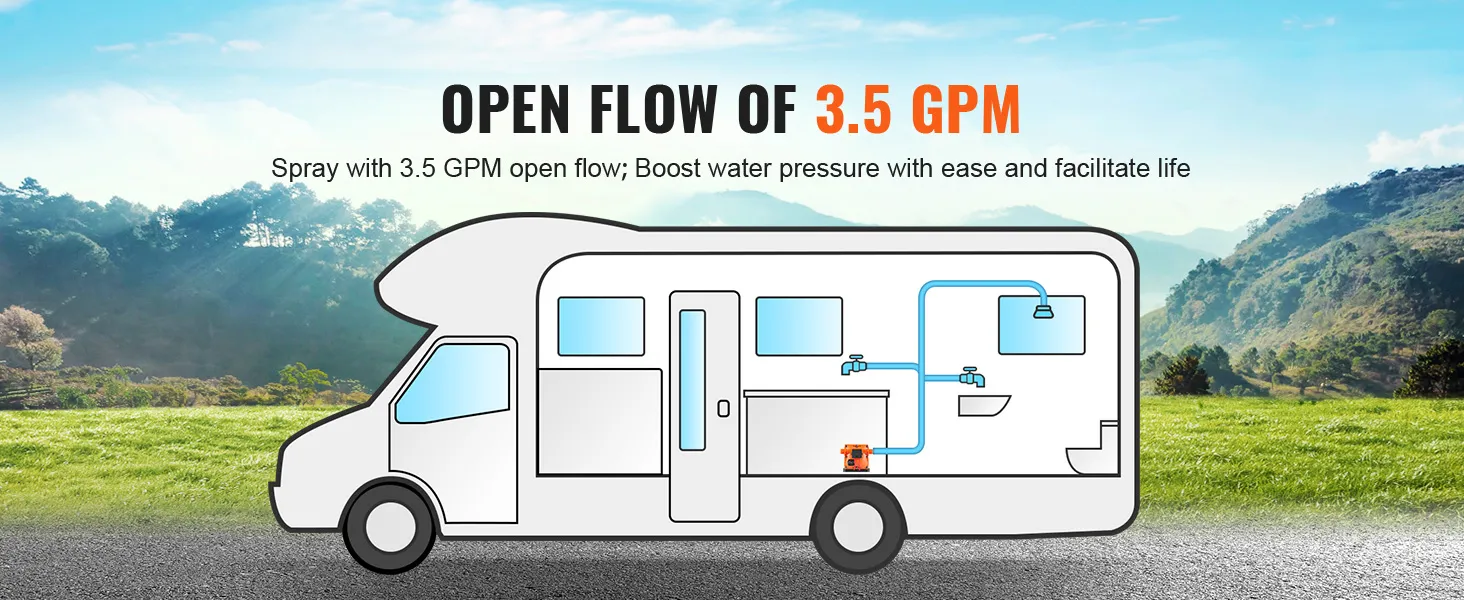 rv showcasing the efficient flow of a VEVOR water diaphragm pump with 3.5 gpm, ideal for boosting water pressure.