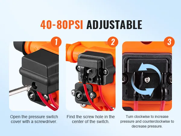 40-80 psi adjustable VEVOR water diaphragm pump adjustment steps with screwdriver and screw hole.