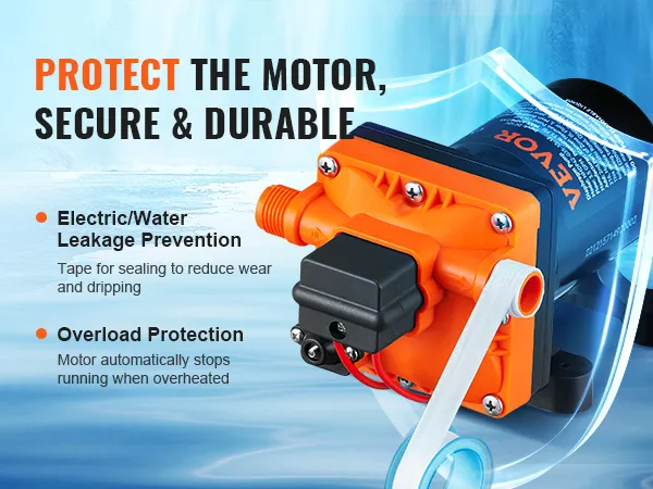 VEVOR water diaphragm pump with electric/water leakage prevention and overload protection features.