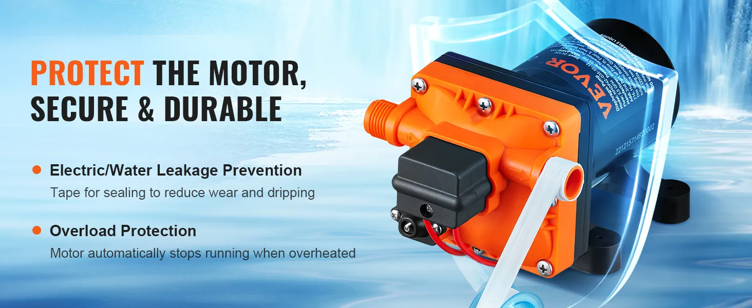 VEVOR water diaphragm pump with electric/water leakage prevention and overload protection features.