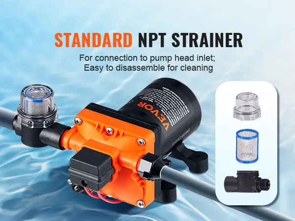 VEVOR water diaphragm pump connected with a standard npt strainer, showcasing easy disassembly parts.