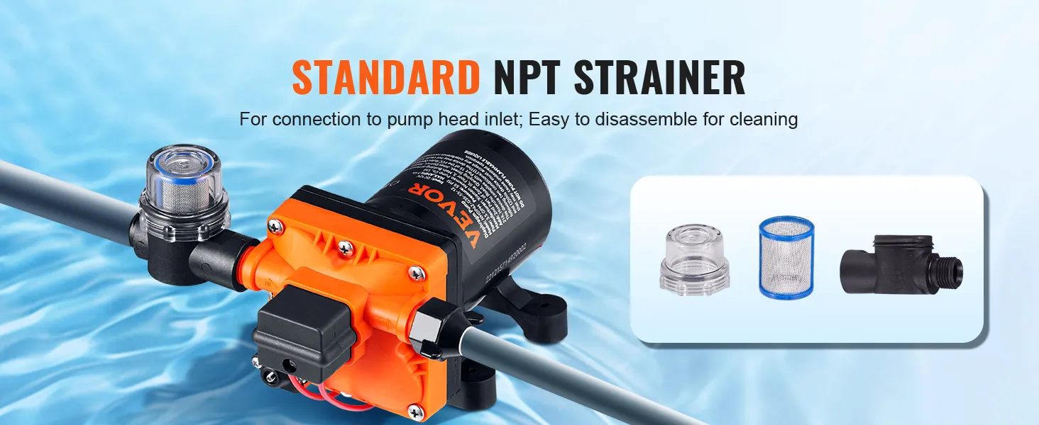 VEVOR water diaphragm pump connected with a standard npt strainer, showcasing easy disassembly parts.