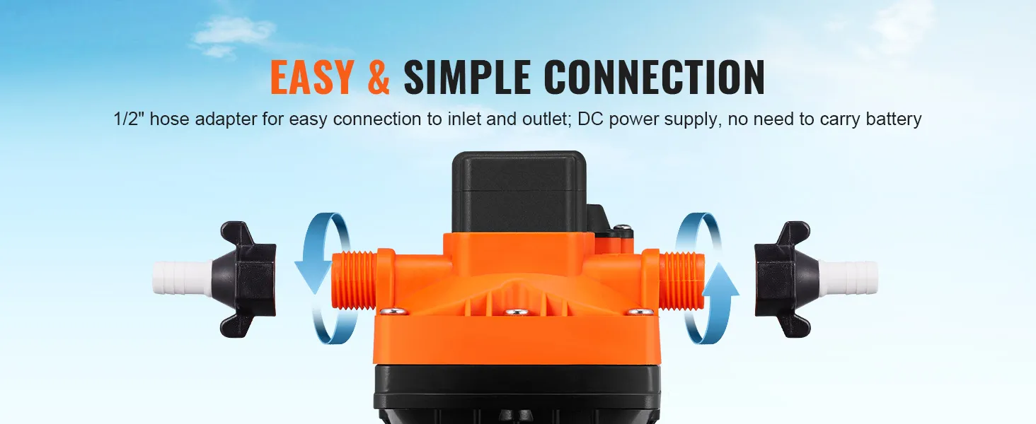 easy hose connection and dc power supply for VEVOR water diaphragm pump, no battery needed, 1/2