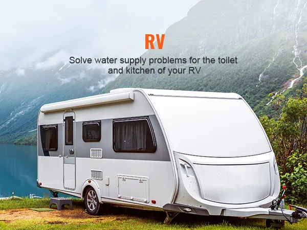 rv parked by a lake with mountains in the background, promoting the VEVOR water diaphragm pump.