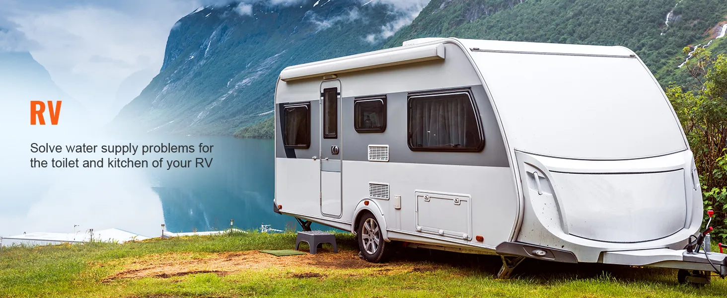 rv parked by a lake with mountains in the background, promoting the VEVOR water diaphragm pump.