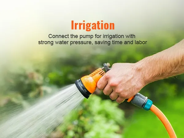hand watering plants with an orange hose, promoting VEVOR water diaphragm pump for effective irrigation.