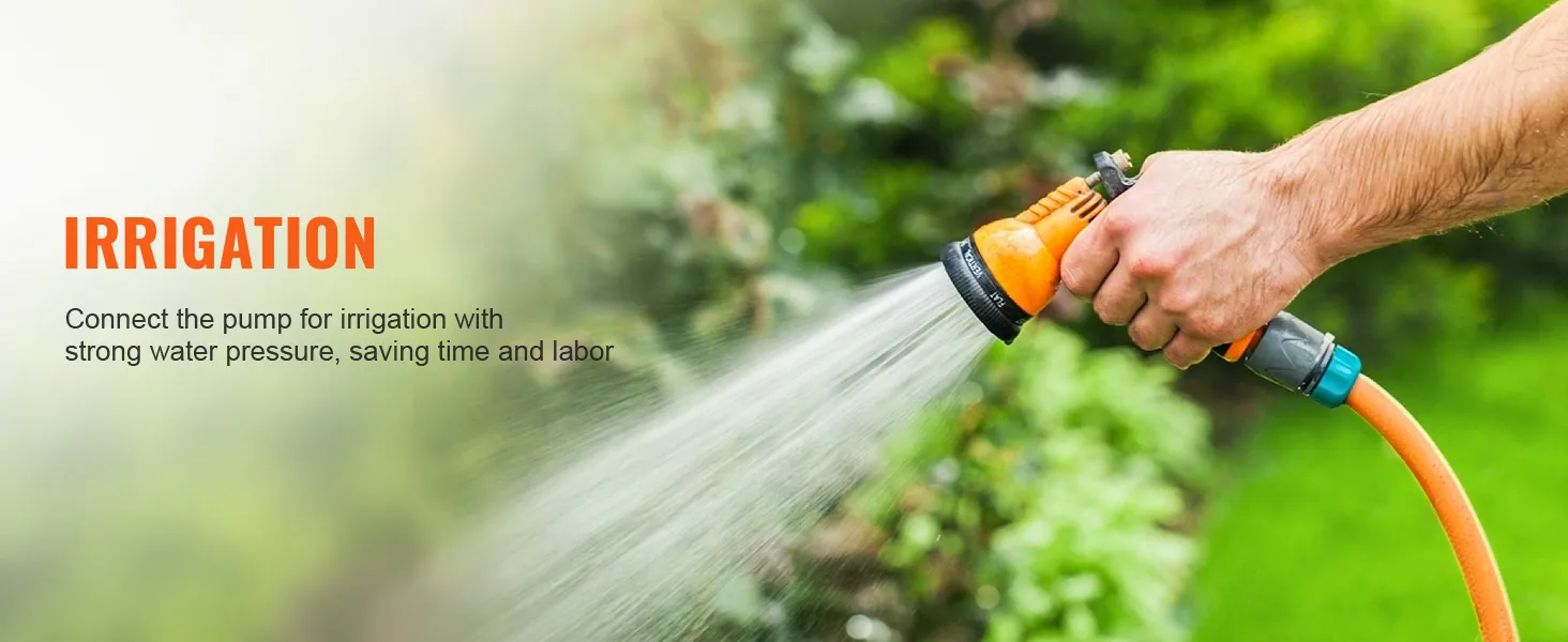 hand watering plants with an orange hose, promoting VEVOR water diaphragm pump for effective irrigation.