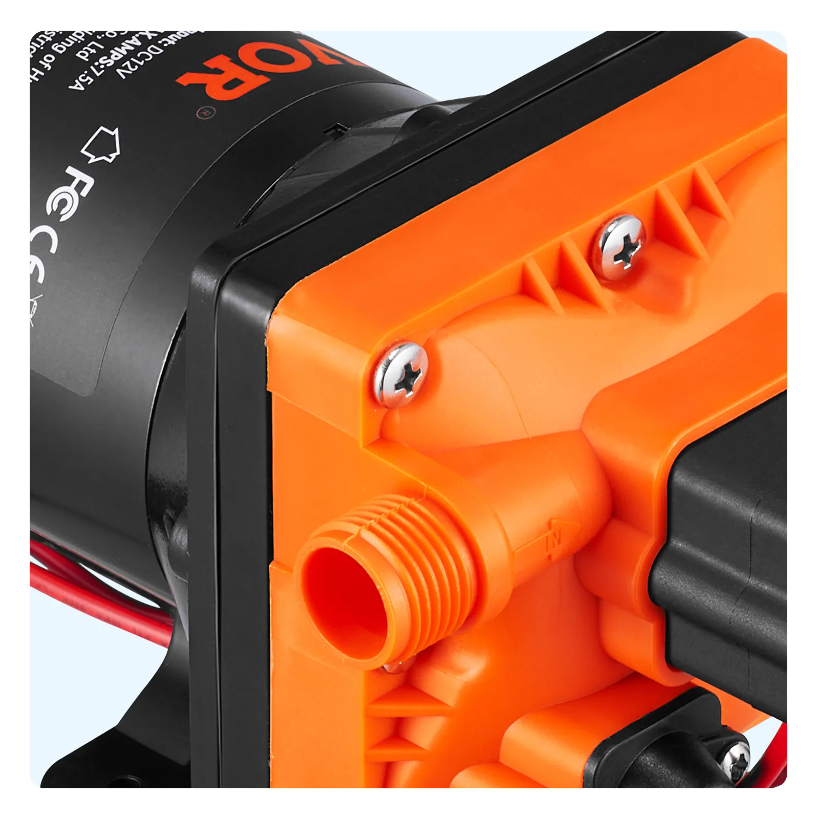 close-up of an orange and black VEVOR water diaphragm pump with visible screws and wiring.