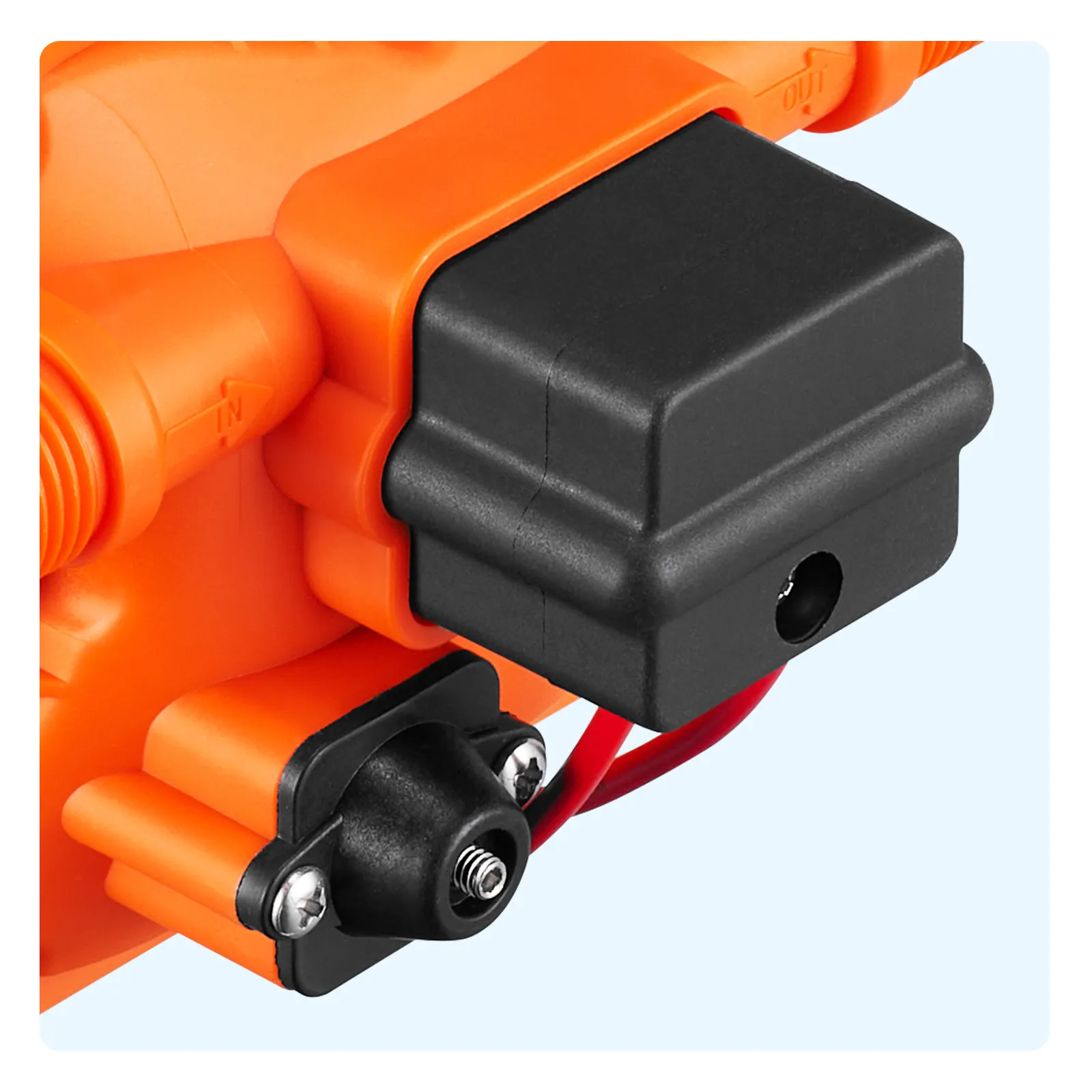 orange VEVOR water diaphragm pump with black components and red wires.